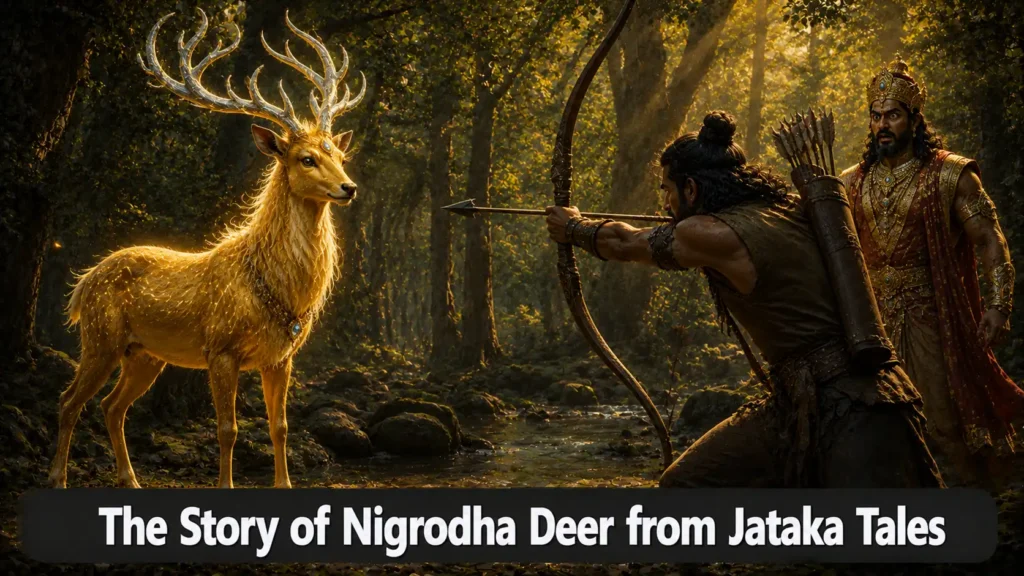 The Story of Nigrodha Deer from Jataka Tales: The Compassionate King Who Saved All Creatures 1 The Story of Nigrodha Deer from Jataka Tales – A golden deer standing before a king with archers in the background in a forest with text overlay