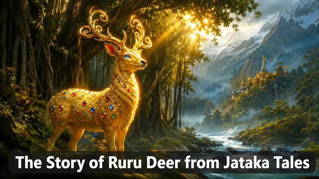 The Story of Ruru Deer from Jataka Tales – Golden deer with ruby, sapphire, and emerald spots in a mystical Himalayan forest with text overlay