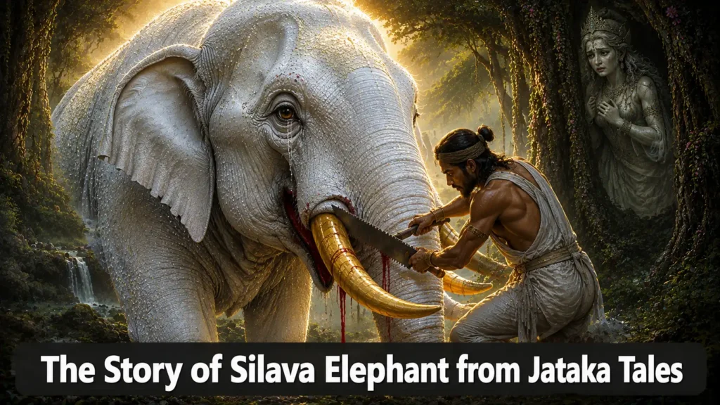The Story of Silava Elephant from Jataka Tales – A magnificent white elephant with a man cutting its tusks in a forest with text overlay