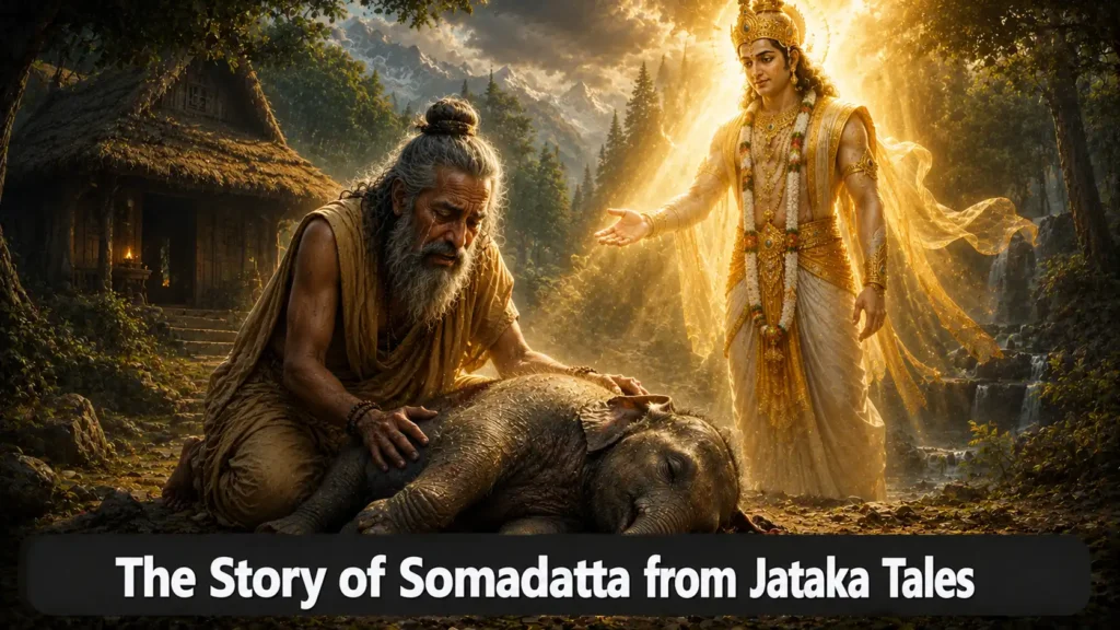 The Story of Somadatta from Jataka Tales: The Ascetic Who Learned to Let Go 4 The Story of Somadatta from Jataka Tales – An ascetic grieving over a dead baby elephant with a divine being descending from the sky with text overlay