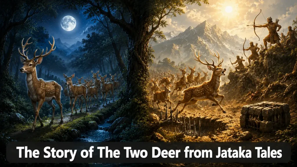 The Story of The Two Deer from Jataka Tales – Two deer leaders with their herds – one cautious and safe, one reckless and struggling with text overlay