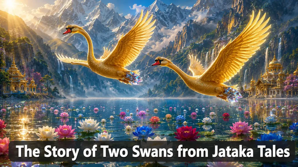The Story of Two Swans from Jataka Tales – Two majestic golden swans flying over a Himalayan lake with lotuses and mountains with text overlay