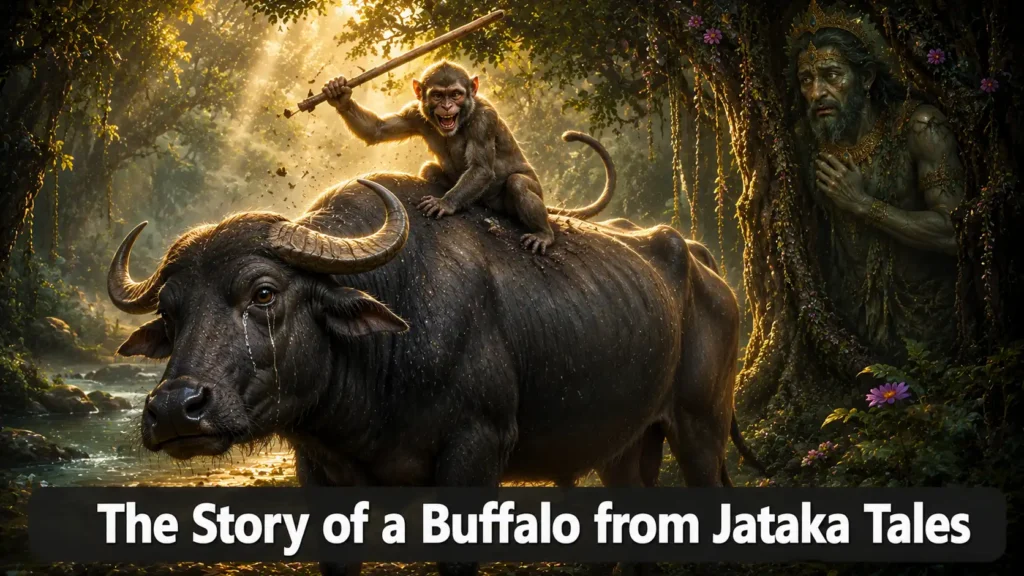 The Story of a Buffalo from Jataka Tales – A gentle buffalo with a monkey riding on its back in a forest with text overlay