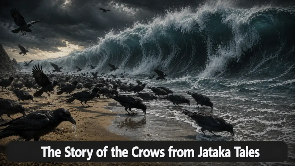 The Story of the Crows from Jataka Tales – A flock of crows gathered by the sea with a giant wave approaching in the background with text overlay