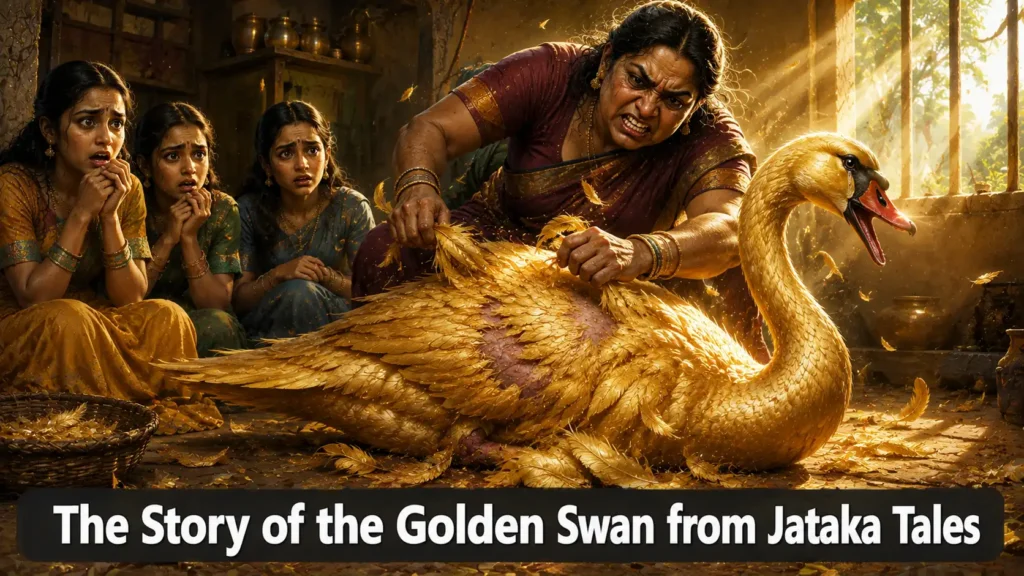 The Story of the Golden Swan from Jataka Tales: The Grateful Bird Who Returned to Help His Family 4 The Story of the Golden Swan from Jataka Tales – A golden swan with a woman plucking its feathers and daughters watching with concern in the background with text overlay
