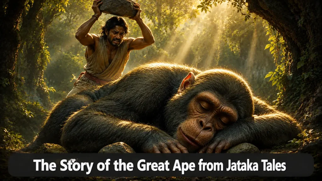 The Story of the Great Ape from Jataka Tales: The Kind Ape Who Forgave His Would-Be Killer 1 The Story of the Great Ape from Jataka Tales – A large ape sleeping with a man holding a rock above its head in a forest with text overlay