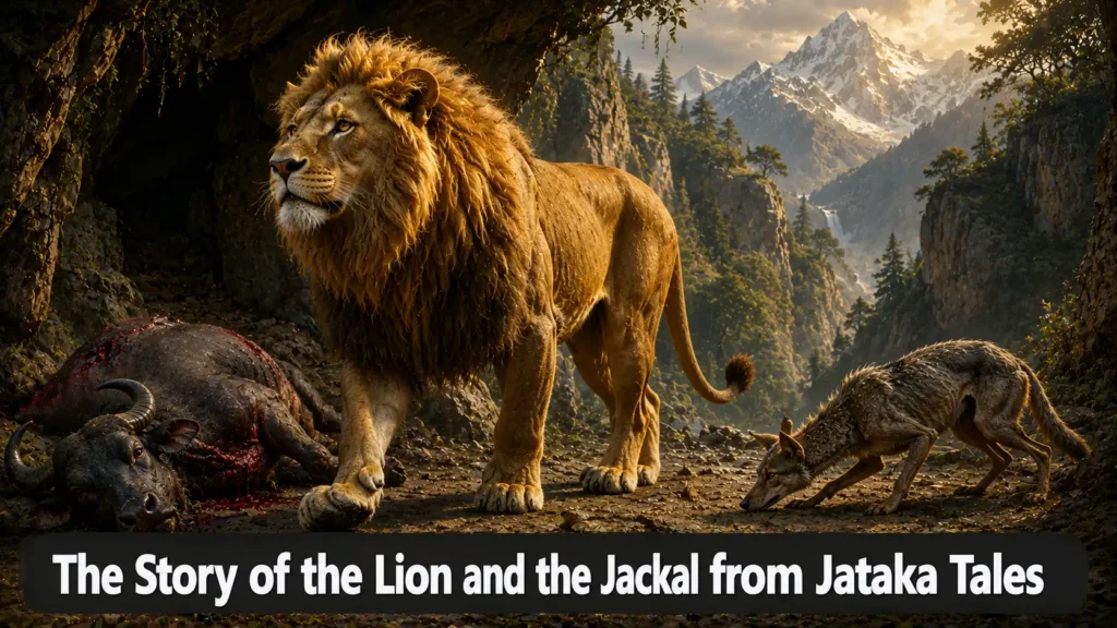 The Story of the Lion and the Jackal from Jataka Tales: The Foolish Jackal Who Learned Too Late 1 The Story of the Lion and the Jackal from Jataka Tales – A majestic lion walking away from a kill while a jackal bows before it with text overlay