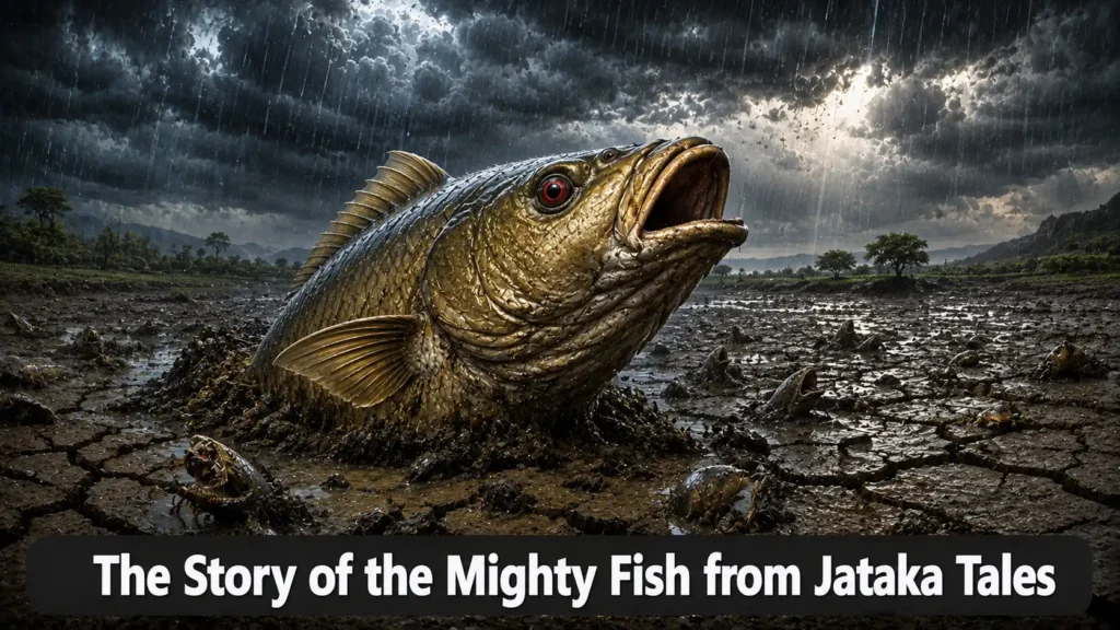 The Story of the Mighty Fish from Jataka Tales: The Compassionate Fish Who Called the Rains 1 The Story of the Mighty Fish from Jataka Tales – A large fish emerging from mud with ruby eyes as rain falls from dark clouds with text overlay