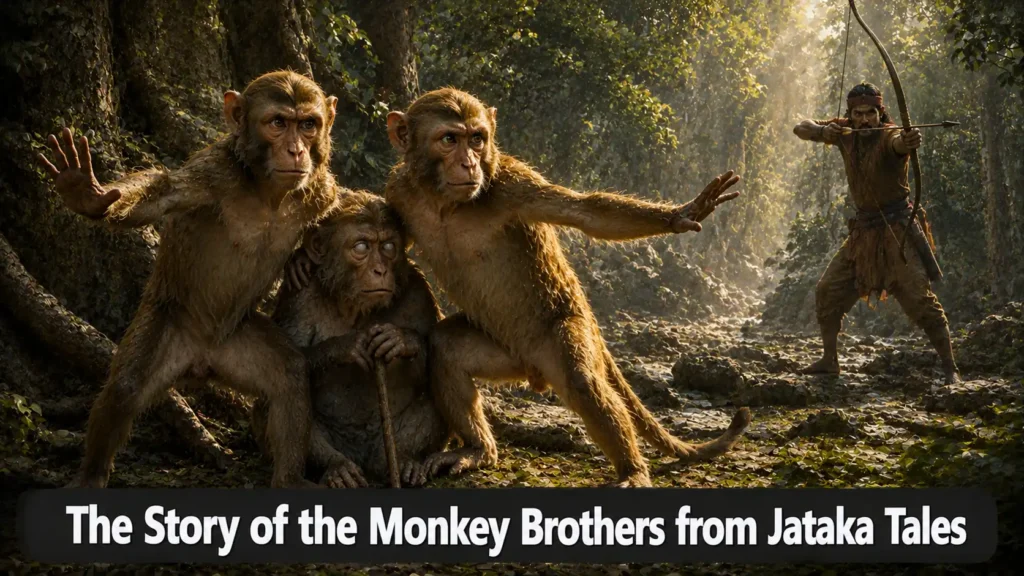 The Story of the Monkey Brothers from Jataka Tales: The Two Brothers Who Gave Their Lives for Their Mother 1 The Story of the Monkey Brothers from Jataka Tales – Two monkeys protecting their blind mother from a hunter in a forest with text overlay