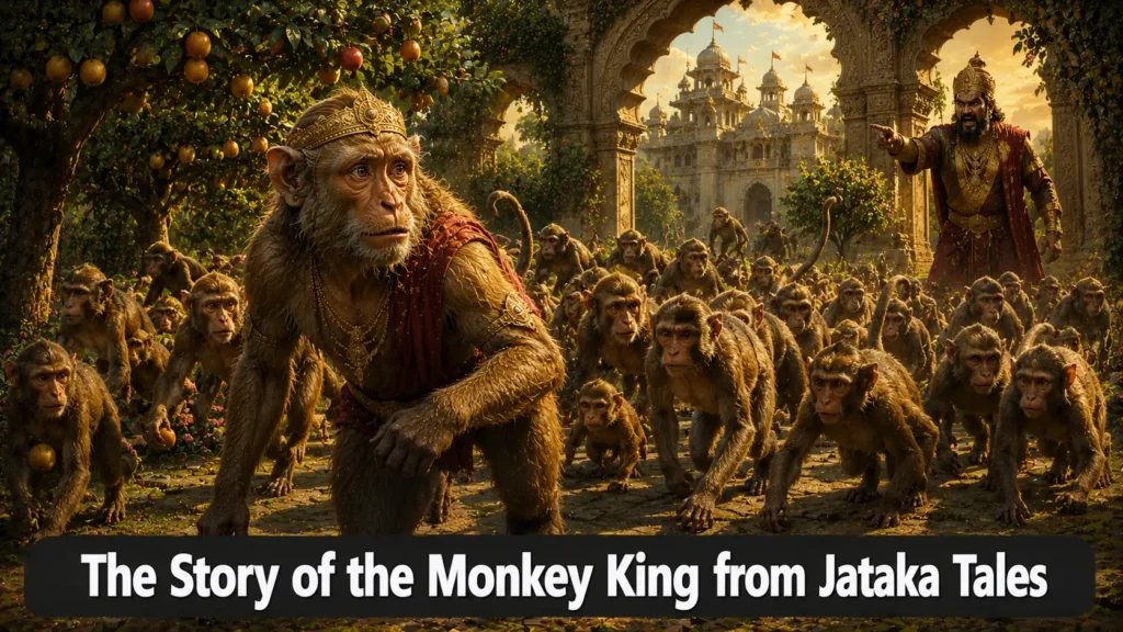 The Story of the Monkey King from Jataka Tales: The Wise Leader Who Foresaw Disaster 4 The Story of the Monkey King from Jataka Tales – A wise monkey leading his followers away from a royal park with a palace in the background with text overlay