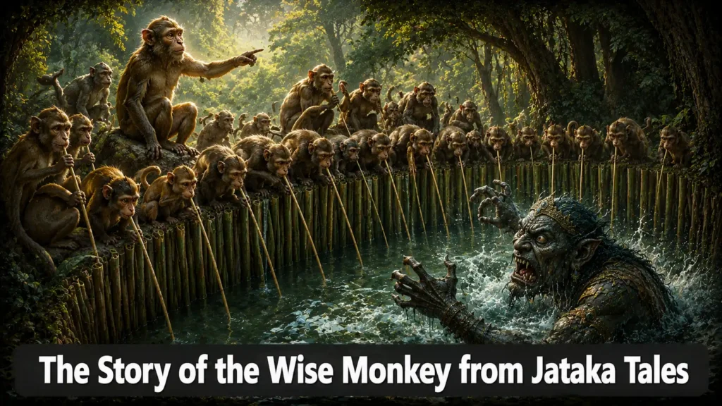 The Story of the Wise Monkey from Jataka Tales – A wise monkey leading other monkeys drinking water through reeds from a pond with a water-ogre watching in the background with text overlay