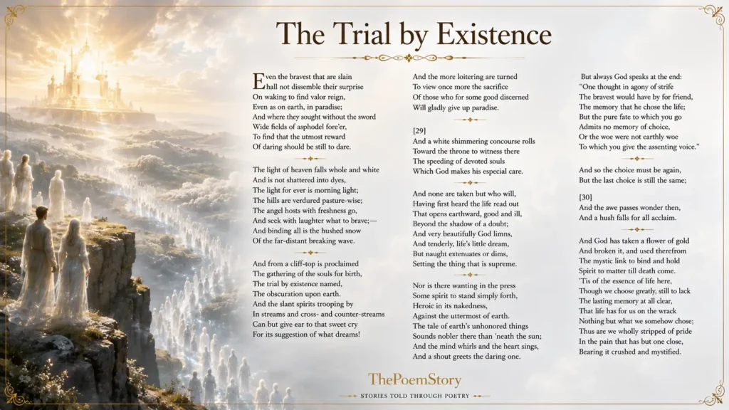 The Trial by Existence by Robert Frost Analysis and Summary 2 The Trial by Existence by Robert Frost analysis – Majestic cosmic illustration of a heavenly cliff-top overlooking a vast luminous landscape of white light and rolling hills, with souls in translucent shimmering forms gathering and trooping in streams like celestial rivers, evoking the poem's themes of the soul's journey, the trial of existence, and the mystery of choice.