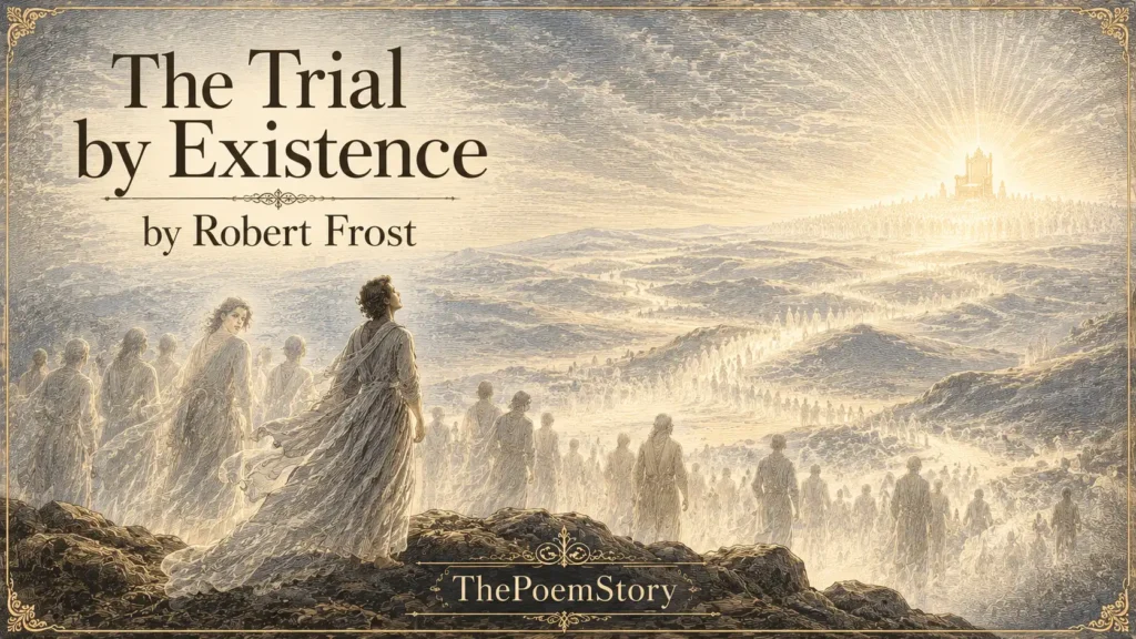 The Trial by Existence by Robert Frost Analysis and Summary 8 The Trial by Existence by Robert Frost analysis – Majestic cosmic illustration of a heavenly cliff-top overlooking a vast luminous landscape of white light and rolling hills, with souls in translucent shimmering forms gathering and trooping in streams like celestial rivers, evoking the poem's themes of the soul's journey, the trial of existence, and the mystery of choice.