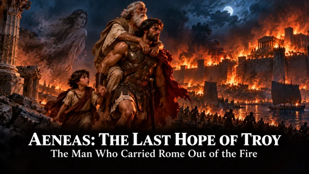 Aeneas - The Last Hope of Troy and the Man Who Carried Rome Out of the Fire 1 Aeneas - The Last Hope of Troy – a warrior carrying an old man on his shoulders and leading a boy by the hand, with the burning city behind them and the story title overlaid in white text.