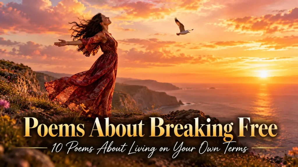 10 Poems About Breaking Free From Expectations 1 Poems About Breaking Free featuring a woman with arms wide open on a windswept cliff at golden hour, symbolizing freedom from expectations and living authentically