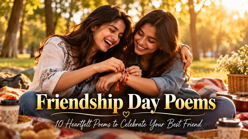 10 Friendship Day Poems to Celebrate Your Best Friend featuring two friends exchanging friendship bands and laughing together in warm golden light