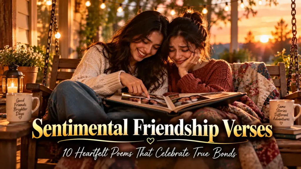 10 Sentimental Friendship Verses That Celebrate True Bonds 1 10 Sentimental Friendship Verses That Celebrate True Bonds featuring two friends sitting on a porch swing looking through old photo albums in soft evening light