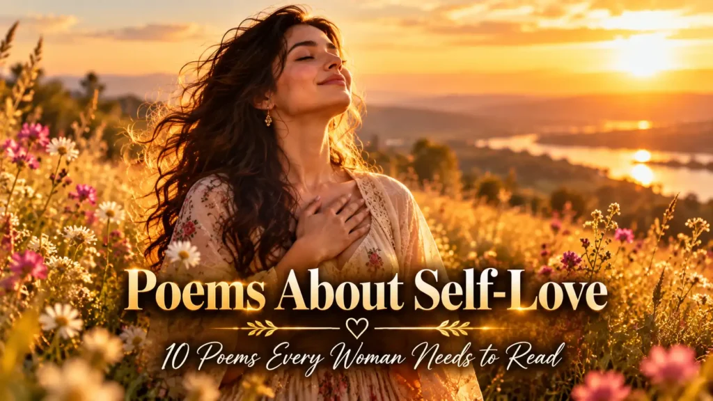 10 Poems About Self-Love Every Woman Needs to Read 6 Poems About Self-Love featuring a woman standing in golden morning light with her hand on her heart, symbolizing self-worth and inner healing