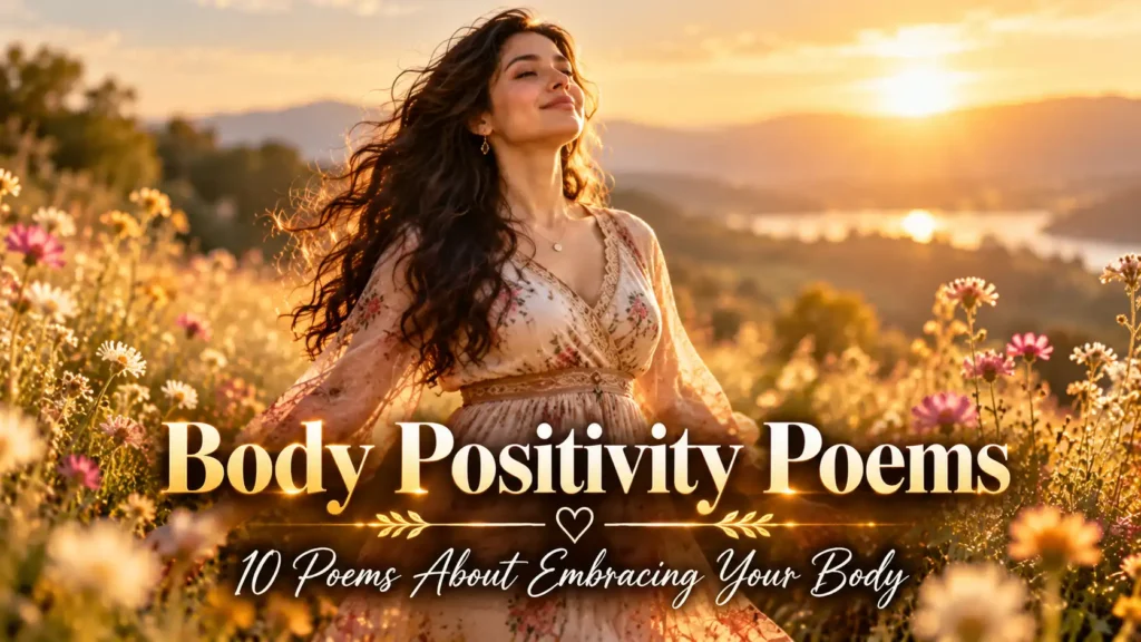 10 Body Positivity Poems About Embracing Your Body 5 Body Positivity Poems featuring a woman standing confidently in soft morning light, embracing her body with self-acceptance and self-love