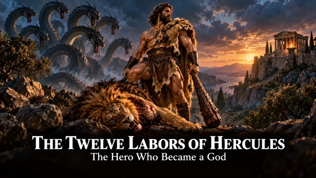The Twelve Labors of Hercules: The Hero Who Became a God by Finishing the Job 4 The Twelve Labors of Hercules – the hero in a lion skin and carrying a club stands before a defeated monster, with the story title overlaid in white text.
