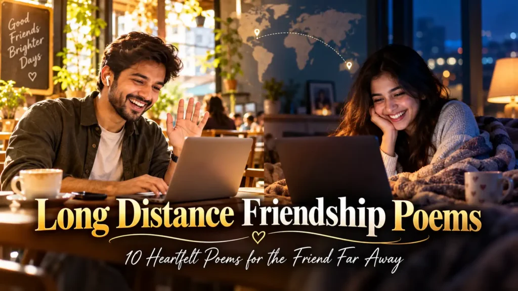 Long Distance Friendship Poems featuring two friends on a video call across different time zones, symbolizing distance and emotional friendship bonds