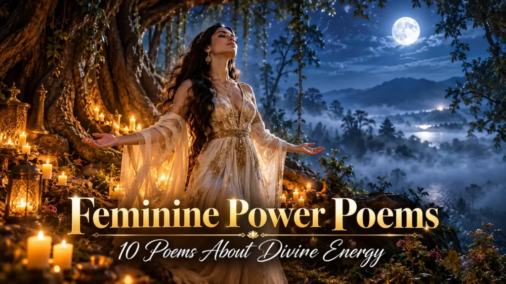 10 Feminine Power Poems About Divine Energy 4 Feminine Power Poems featuring a woman bathed in moonlight with arms outstretched, symbolizing divine feminine energy and sacred strength