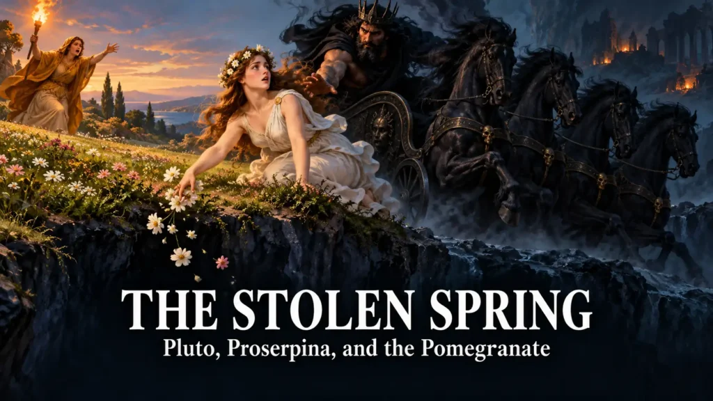 The Stolen Spring – Pluto carries Proserpina in his chariot as she drops flowers, while Ceres searches a darkened landscape with a torch, with the story title overlaid in white.