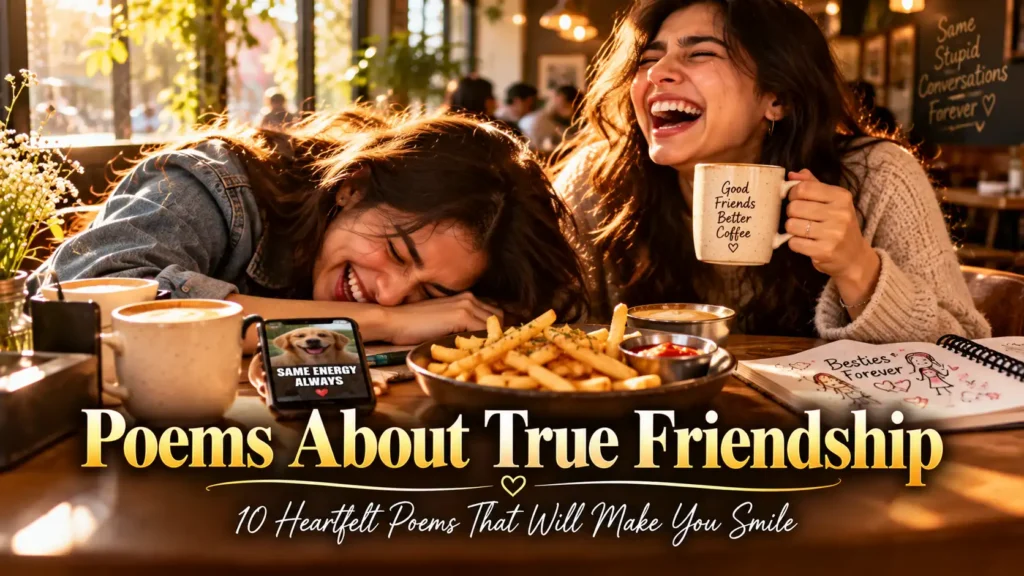 10 Poems About True Friendship That Will Make You Smile 1 Poems About True Friendship That Will Make You Smile featuring two best friends cracking up over coffee and inside jokes in warm afternoon light