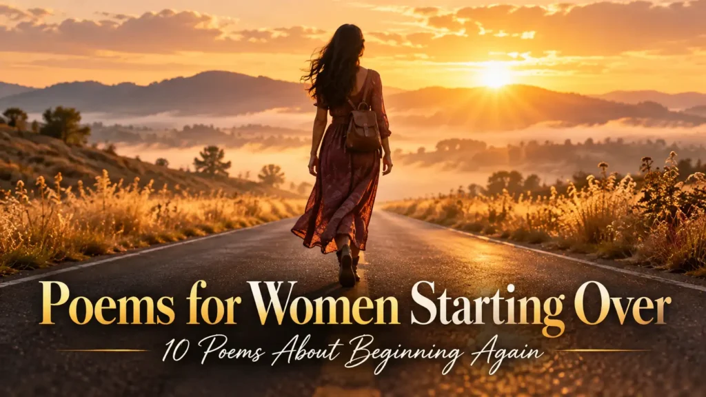 Poems for Women Starting Over featuring a woman walking toward sunrise on an open road, symbolizing new beginnings and rebuilding after loss