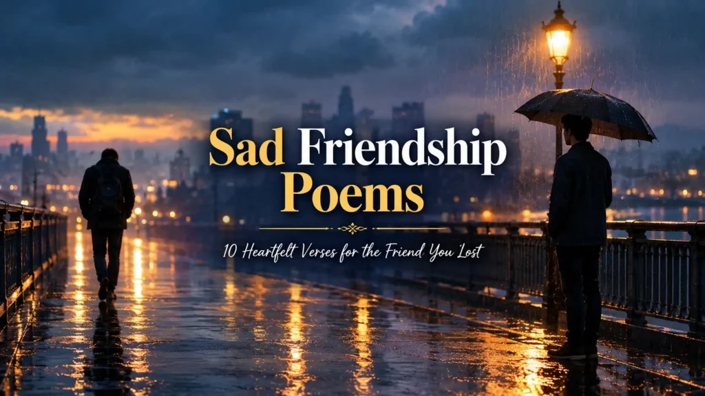 10 Sad Friendship Poems That Will Break Your Heart 4 Sad Friendship Poems That Will Break Your Heart featuring two friends parting on a rainy bridge at dusk, symbolizing friendship loss, distance, and emotional grief