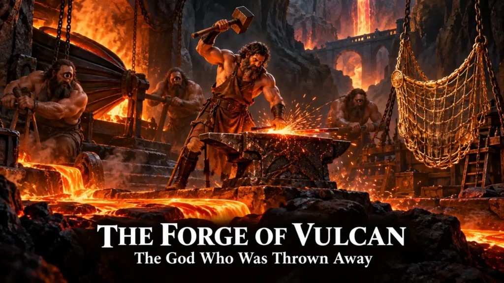 The Forge of Vulcan: The God Who Was Thrown Away and Built the Gods Their Weapons 5 The Forge of Vulcan – a bearded smith god at an anvil inside a volcanic cavern, hammer raised, sparks flying, with the story title overlaid in white text.
