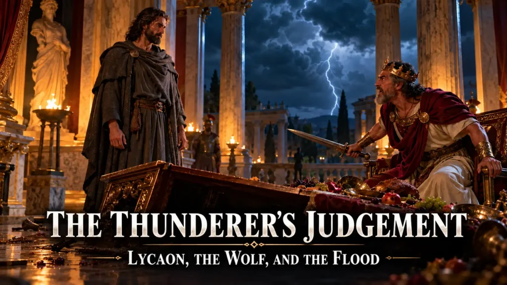 The Thunderer's Judgement – Jupiter in human form stands before Lycaon's table as the king reaches for a sword, with storm clouds gathering above a Roman palace.