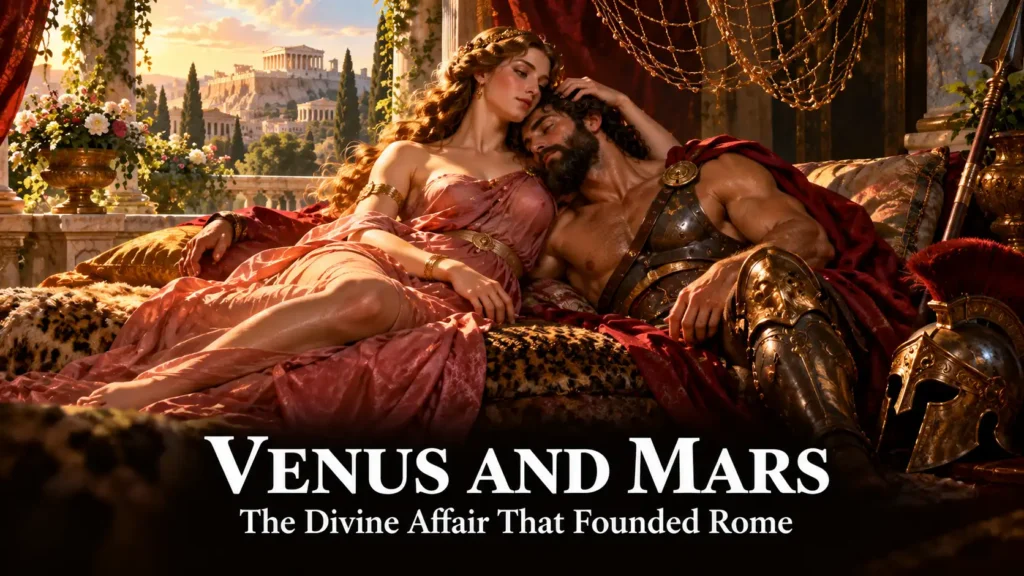 Venus and Mars: The Divine Affair That Became the Founding Myth of Rome 1 Venus and Mars – the goddess of love reclining beside the god of war, his helmet and spear set aside, with the story title overlaid in white text.
