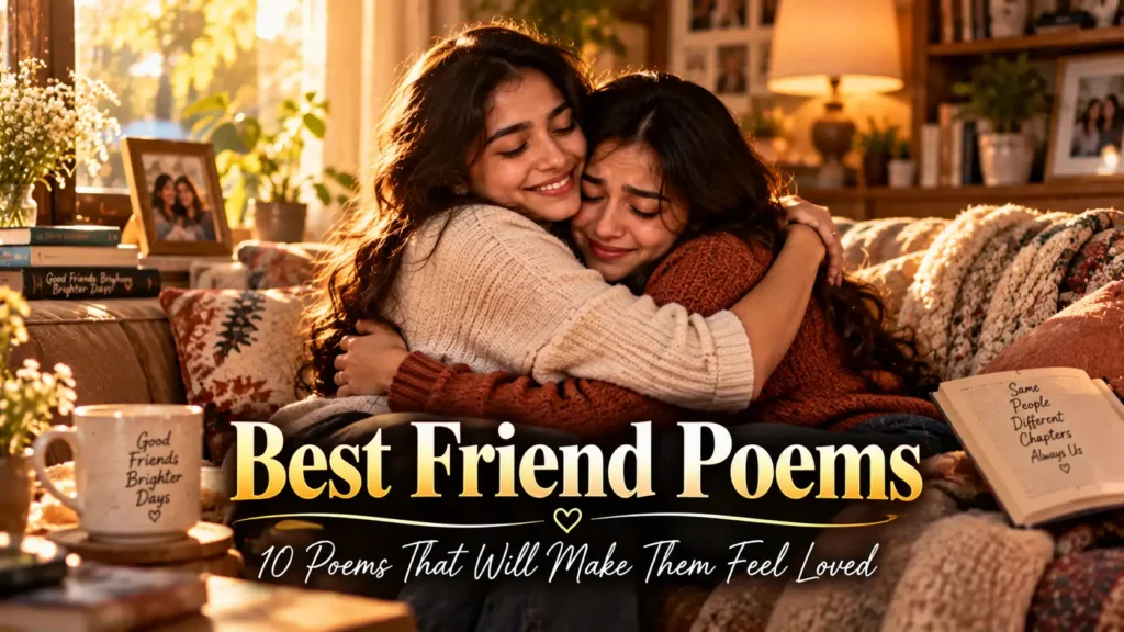 10 Poems for Best Friends That Will Make Them Feel Loved 1 10 Best Friend Poems That Will Make Them Feel Loved featuring two friends sharing a warm hug in a cozy room lit by soft golden light